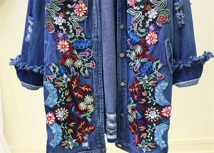 Spring Autumn Loose Vintage Flower Embroidered Denim Jacket Women Single-breasted Casual Raw Fringe Hole Jeans Jackets Female