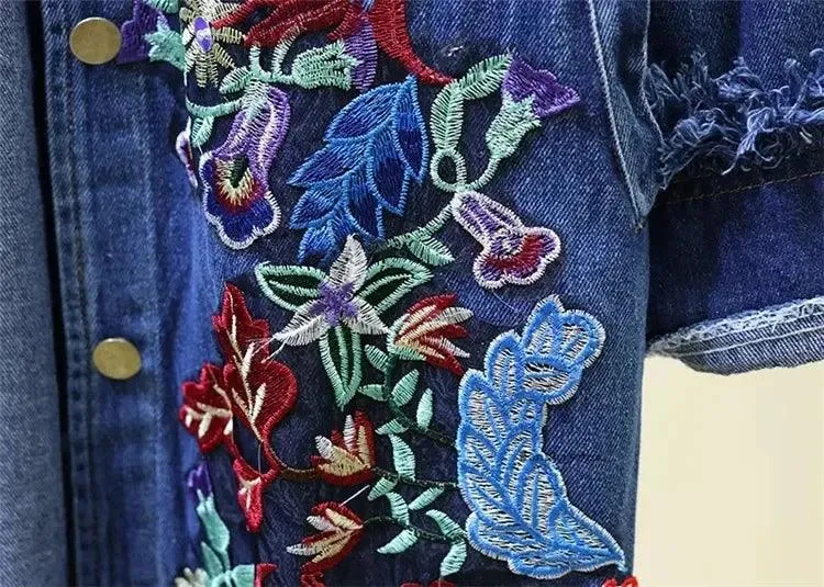Spring Autumn Loose Vintage Flower Embroidered Denim Jacket Women Single-breasted Casual Raw Fringe Hole Jeans Jackets Female