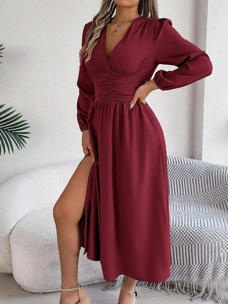 Spring Summer Vacation High Split V-Neck Long Sleeve Dresses for Women Bridesmaid Dress