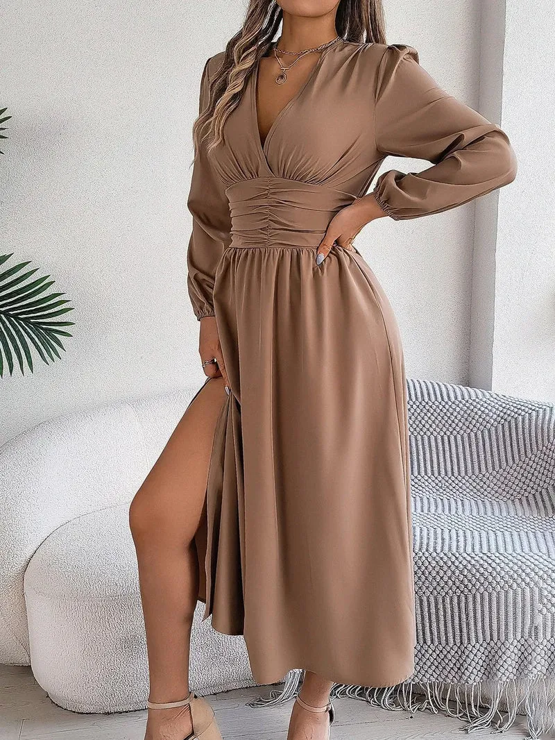Spring Summer Vacation High Split V-Neck Long Sleeve Dresses for Women Bridesmaid Dress