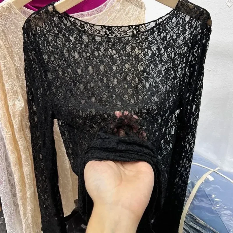 2025 Sexy and slightly transparent black lace shirt women long sleeved Spring and Autumn New slim fit inner layer with mesh