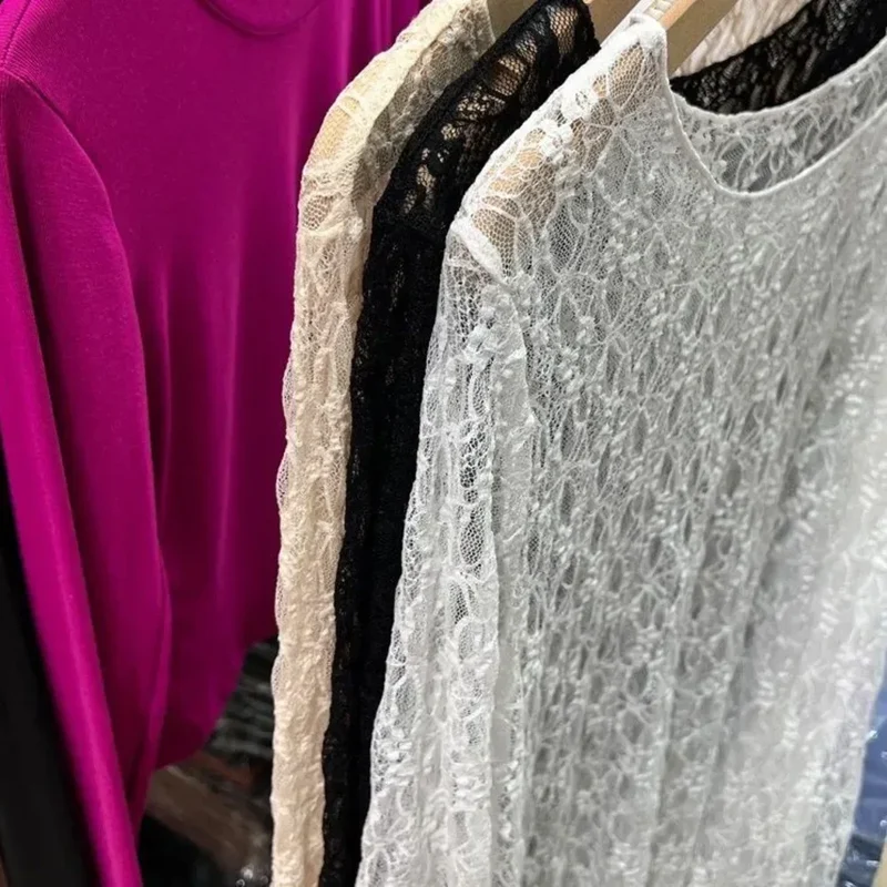 2025 Sexy and slightly transparent black lace shirt women long sleeved Spring and Autumn New slim fit inner layer with mesh