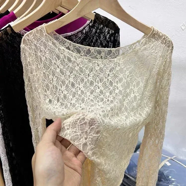2025 Sexy and slightly transparent black lace shirt women long sleeved Spring and Autumn New slim fit inner layer with mesh