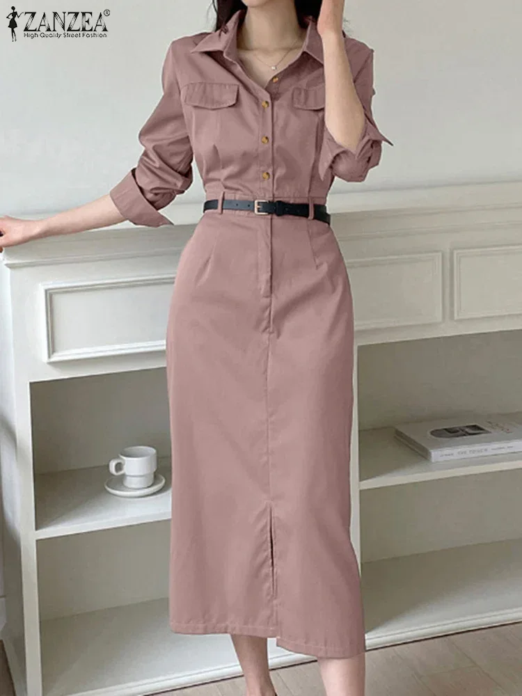 ZANZEA Women Lapel Long Sleeve Vestidos 2025 Spring Solid Work Dresses Casual Waisted No Belted Robe Office Lady Midi Spilt Robe