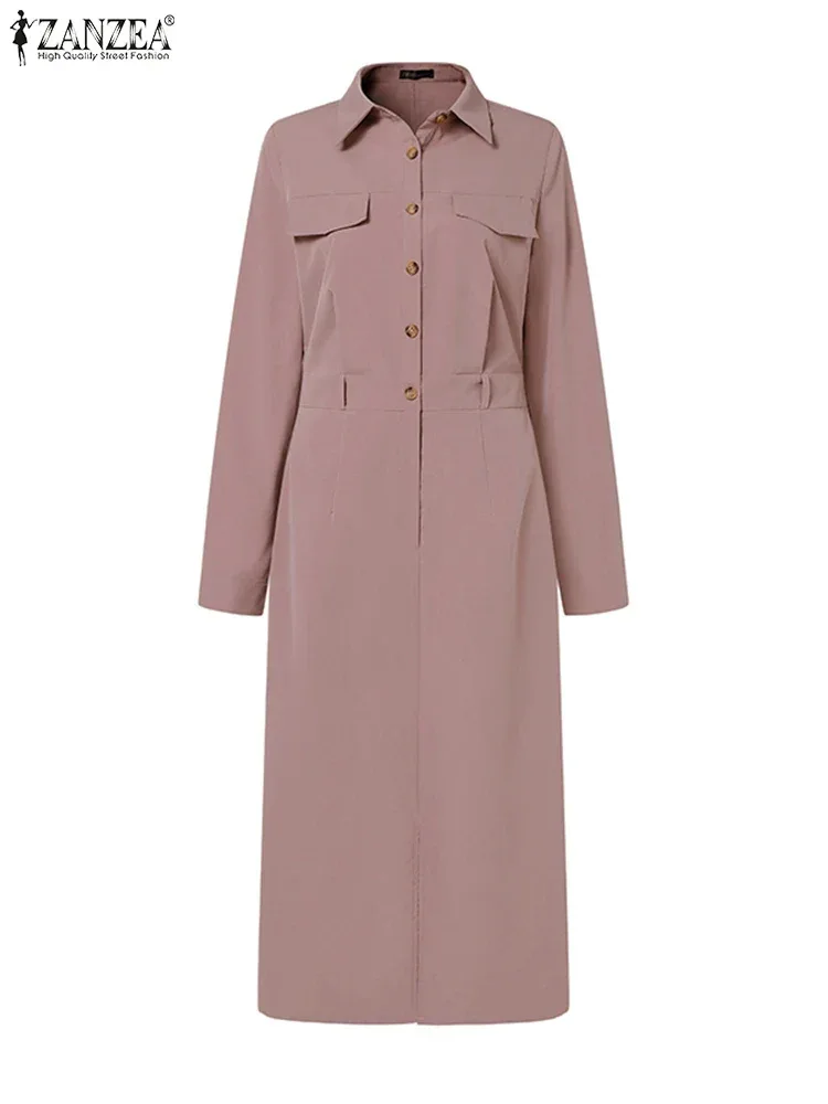ZANZEA Women Lapel Long Sleeve Vestidos 2025 Spring Solid Work Dresses Casual Waisted No Belted Robe Office Lady Midi Spilt Robe