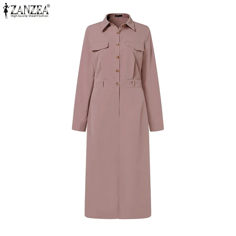 ZANZEA Women Lapel Long Sleeve Vestidos 2025 Spring Solid Work Dresses Casual Waisted No Belted Robe Office Lady Midi Spilt Robe
