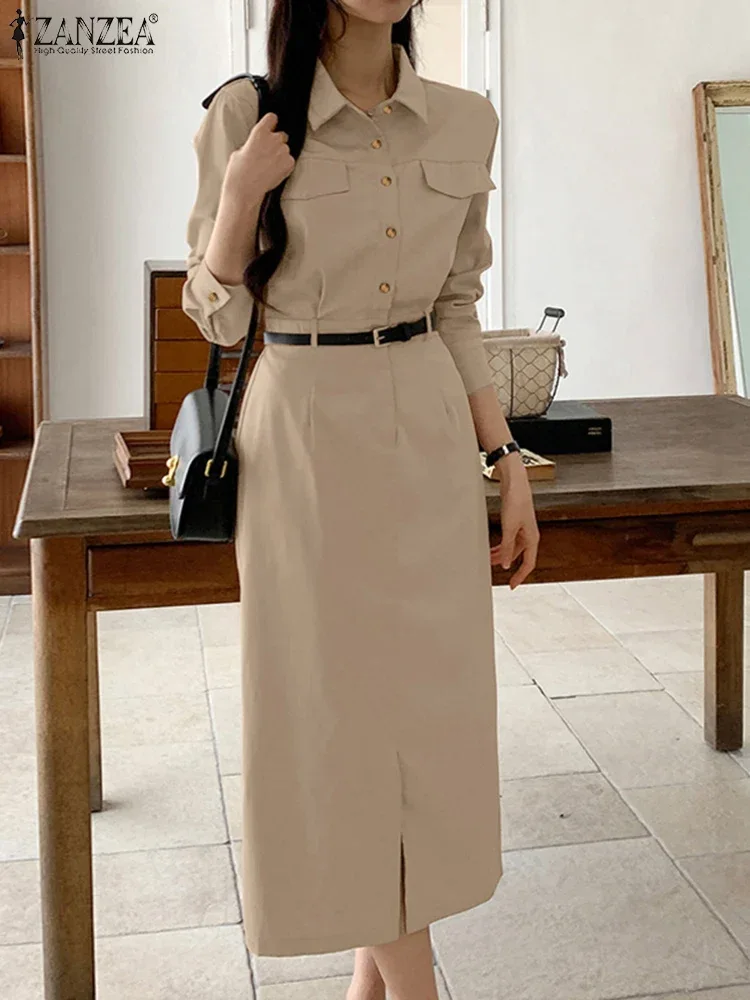 ZANZEA Women Lapel Long Sleeve Vestidos 2025 Spring Solid Work Dresses Casual Waisted No Belted Robe Office Lady Midi Spilt Robe