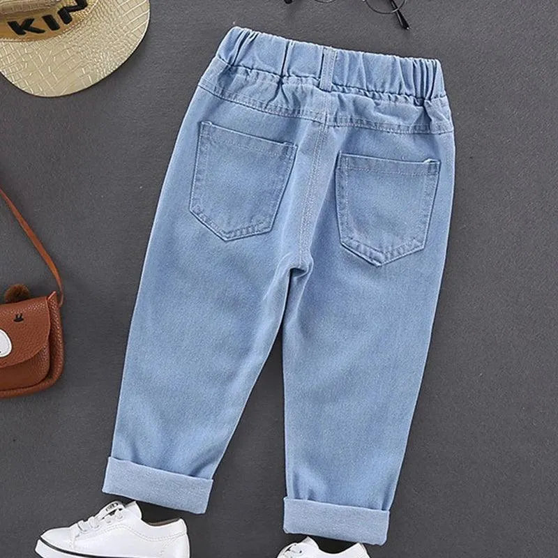 Spring Autumn Children Jeans Boys Cotton Print Splice Stretch Denim Pants Korean Teenage Trousers Wear Kids ClothingDenimRipped