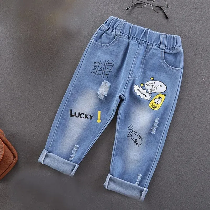 Spring Autumn Children Jeans Boys Cotton Print Splice Stretch Denim Pants Korean Teenage Trousers Wear Kids ClothingDenimRipped