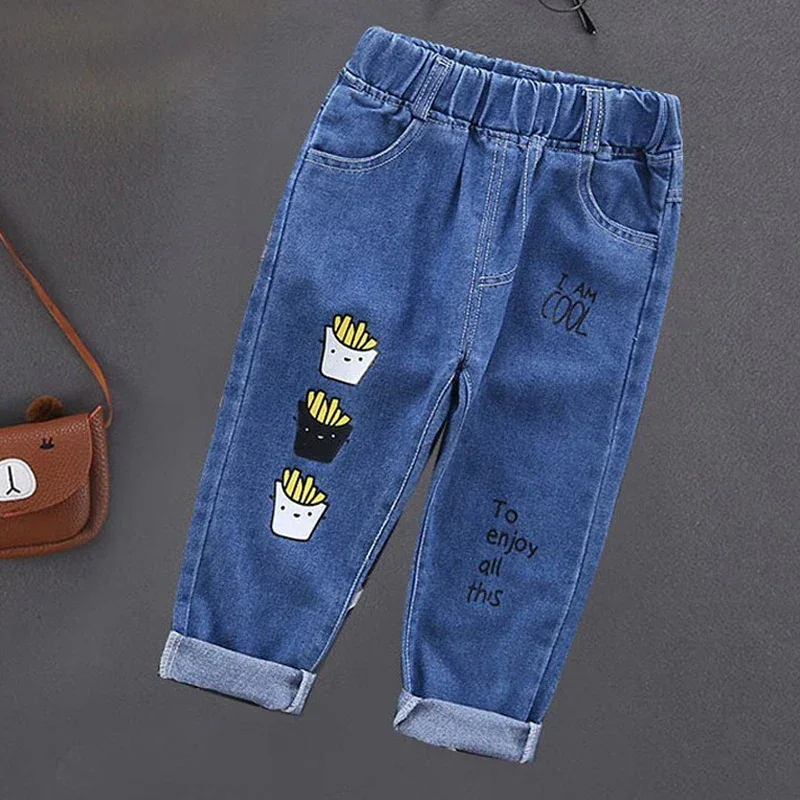 Spring Autumn Children Jeans Boys Cotton Print Splice Stretch Denim Pants Korean Teenage Trousers Wear Kids ClothingDenimRipped