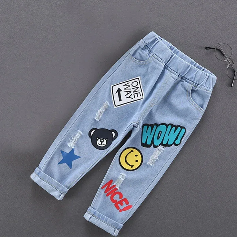 Spring Autumn Children Jeans Boys Cotton Print Splice Stretch Denim Pants Korean Teenage Trousers Wear Kids ClothingDenimRipped