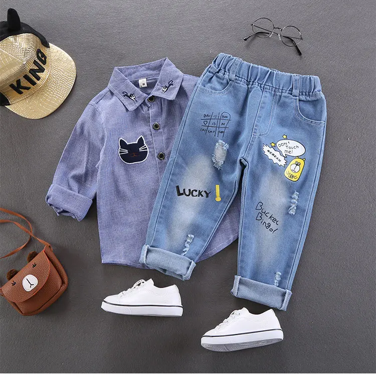 Spring Autumn Children Jeans Boys Cotton Print Splice Stretch Denim Pants Korean Teenage Trousers Wear Kids ClothingDenimRipped