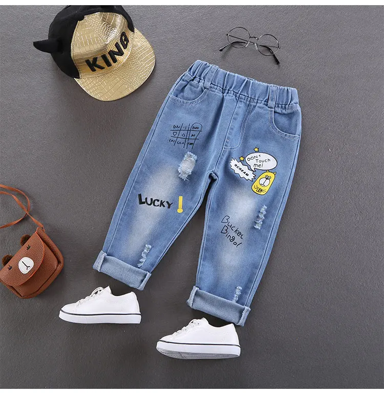 Spring Autumn Children Jeans Boys Cotton Print Splice Stretch Denim Pants Korean Teenage Trousers Wear Kids ClothingDenimRipped