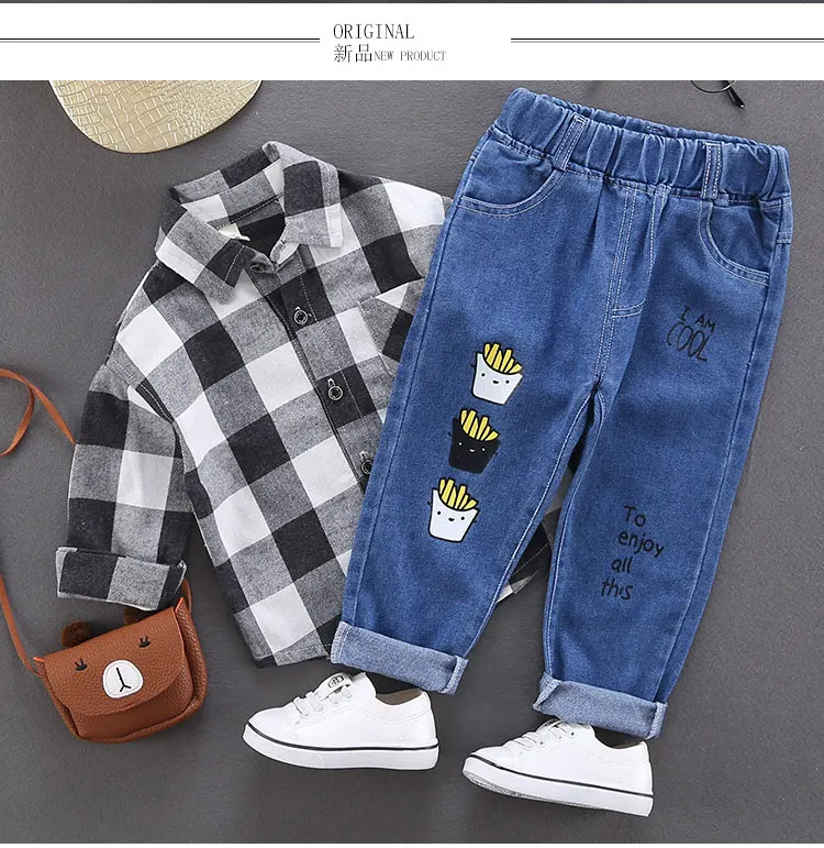 Spring Autumn Children Jeans Boys Cotton Print Splice Stretch Denim Pants Korean Teenage Trousers Wear Kids ClothingDenimRipped