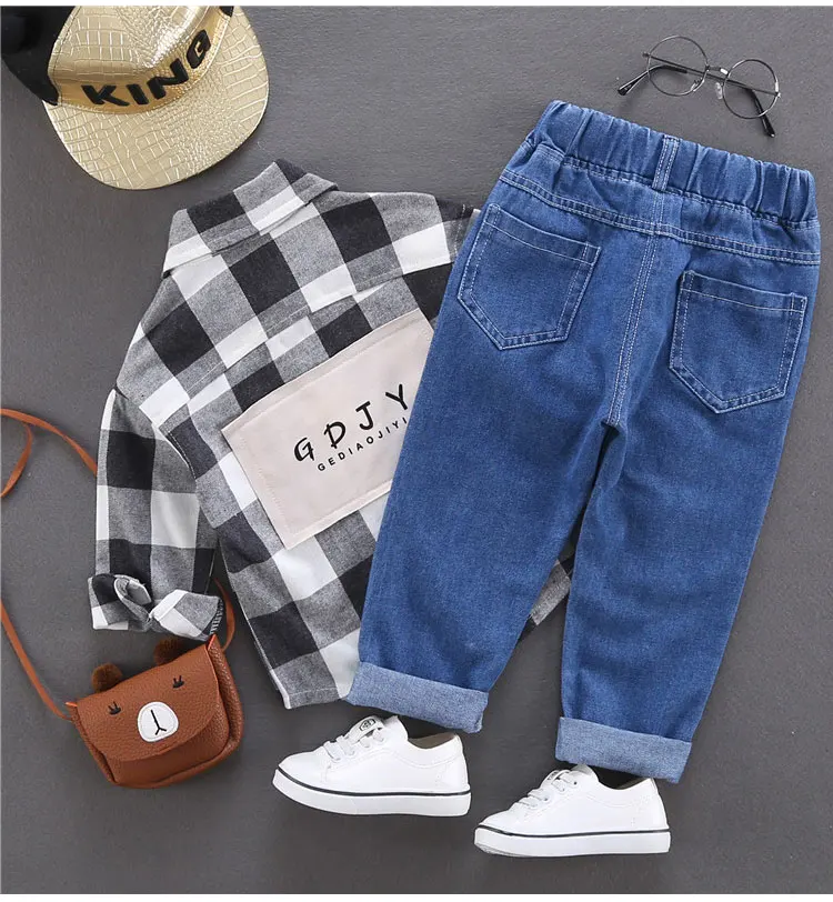 Spring Autumn Children Jeans Boys Cotton Print Splice Stretch Denim Pants Korean Teenage Trousers Wear Kids ClothingDenimRipped