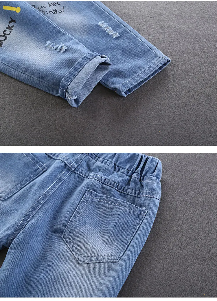 Spring Autumn Children Jeans Boys Cotton Print Splice Stretch Denim Pants Korean Teenage Trousers Wear Kids ClothingDenimRipped