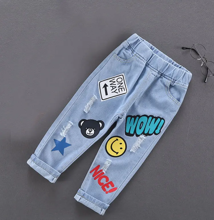 Spring Autumn Children Jeans Boys Cotton Print Splice Stretch Denim Pants Korean Teenage Trousers Wear Kids ClothingDenimRipped