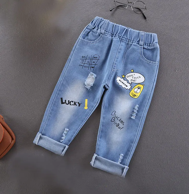 Spring Autumn Children Jeans Boys Cotton Print Splice Stretch Denim Pants Korean Teenage Trousers Wear Kids ClothingDenimRipped