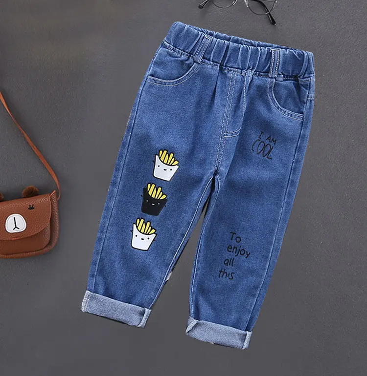 Spring Autumn Children Jeans Boys Cotton Print Splice Stretch Denim Pants Korean Teenage Trousers Wear Kids ClothingDenimRipped