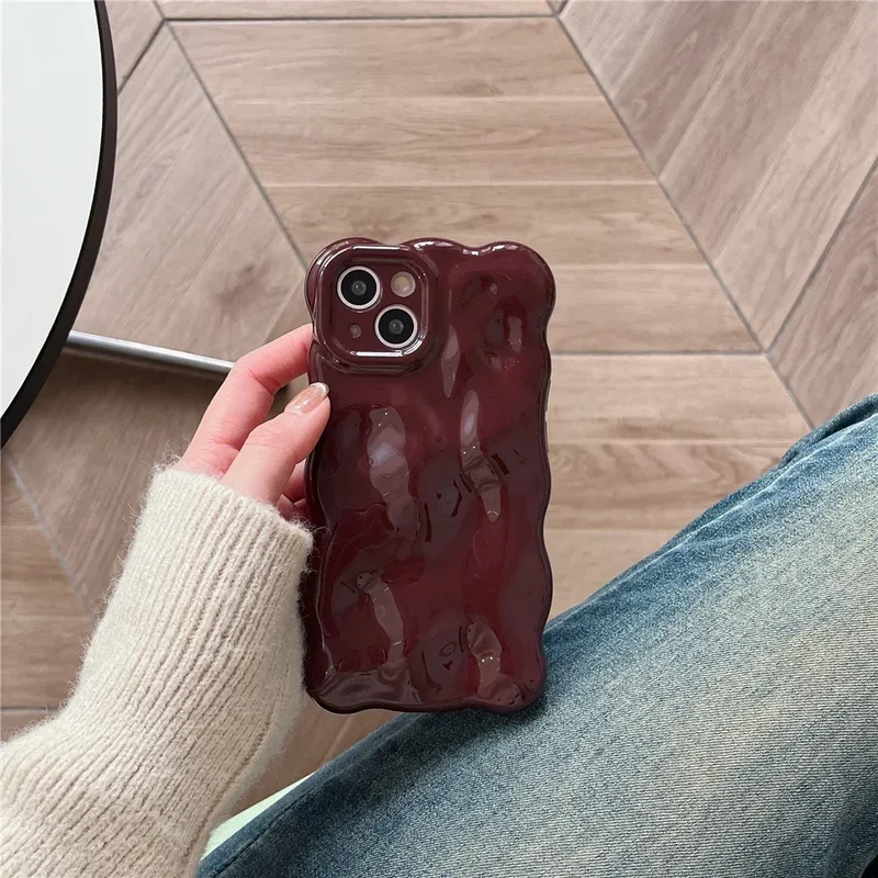 Casing Wine Red Phone Case Compatible for IPhone 11 13 12 14 Pro Max Luxury Luxury glossy wave pattern Solid Color Phone Cover