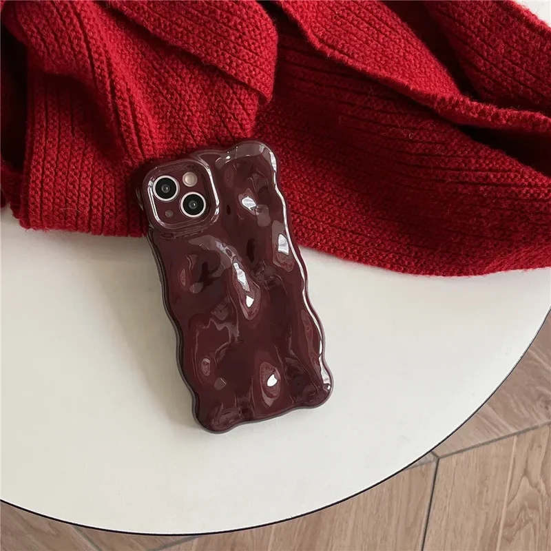 Casing Wine Red Phone Case Compatible for IPhone 11 13 12 14 Pro Max Luxury Luxury glossy wave pattern Solid Color Phone Cover