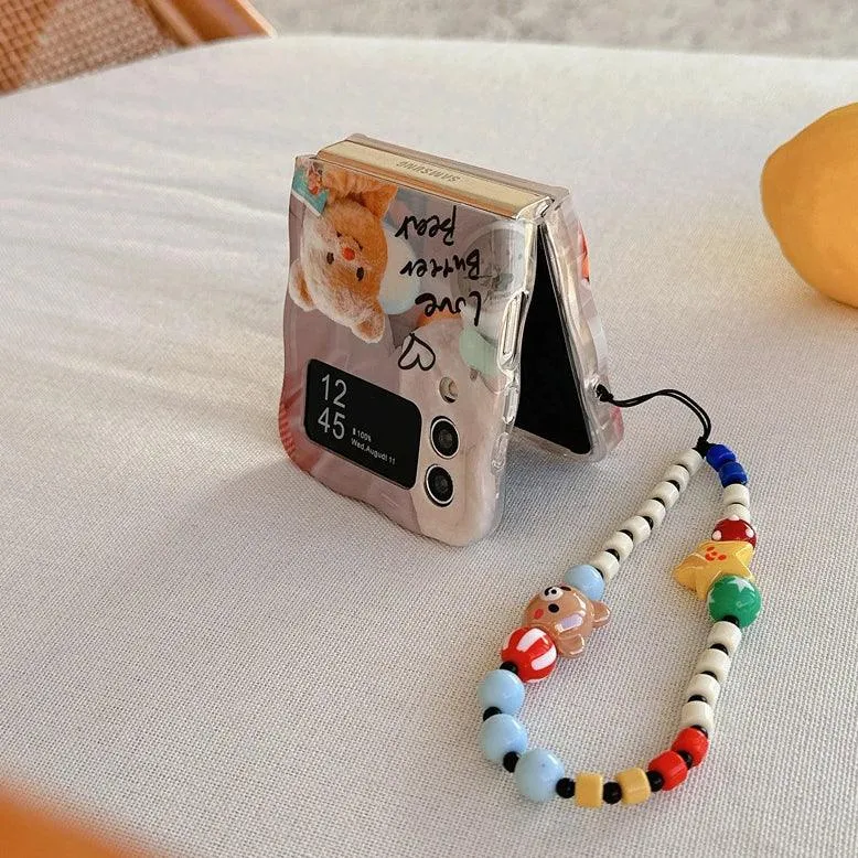 Cartoon Cute Bear Wave Border Phone Case for Samsung Galaxy Z Flip 5 4 3 Zflip5 Flip3 ZFlip4 Star Bracelet Shockproof Lens Cover