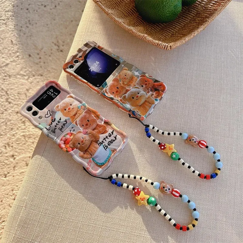 Cartoon Cute Bear Wave Border Phone Case for Samsung Galaxy Z Flip 5 4 3 Zflip5 Flip3 ZFlip4 Star Bracelet Shockproof Lens Cover