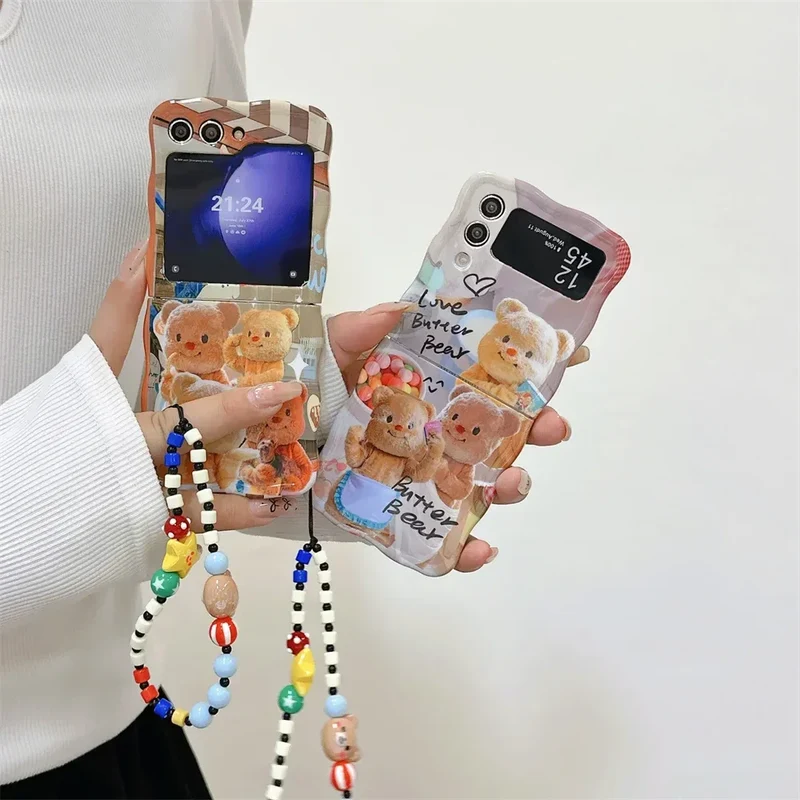 Cartoon Cute Bear Wave Border Phone Case for Samsung Galaxy Z Flip 5 4 3 Zflip5 Flip3 ZFlip4 Star Bracelet Shockproof Lens Cover