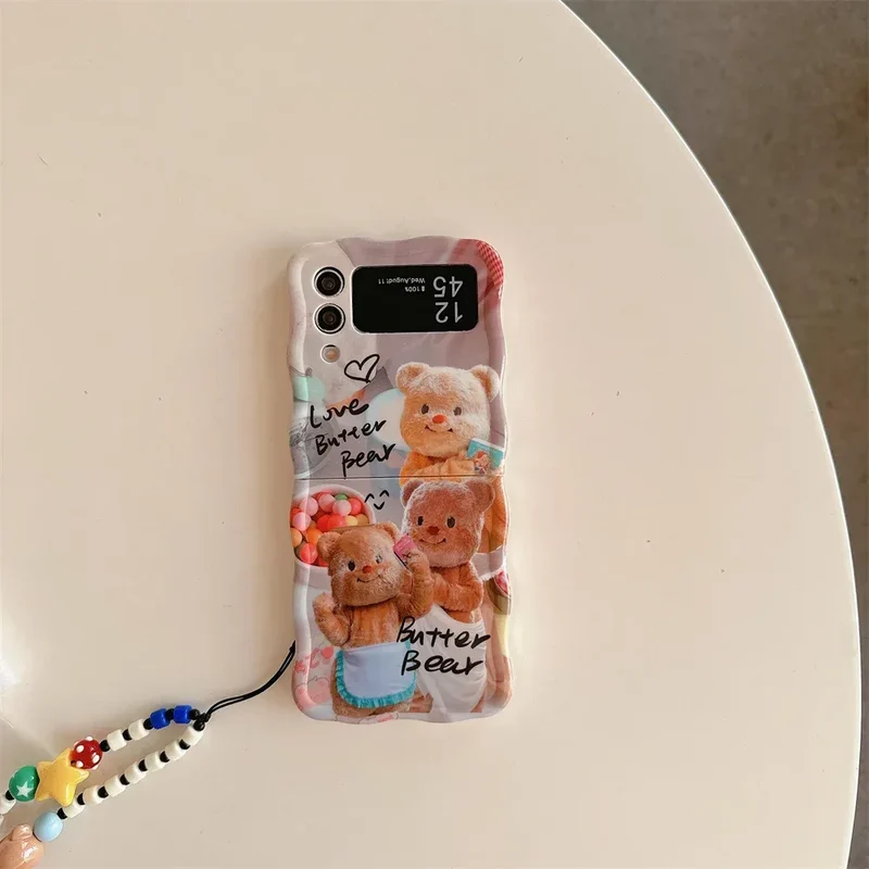 Cartoon Cute Bear Wave Border Phone Case for Samsung Galaxy Z Flip 5 4 3 Zflip5 Flip3 ZFlip4 Star Bracelet Shockproof Lens Cover