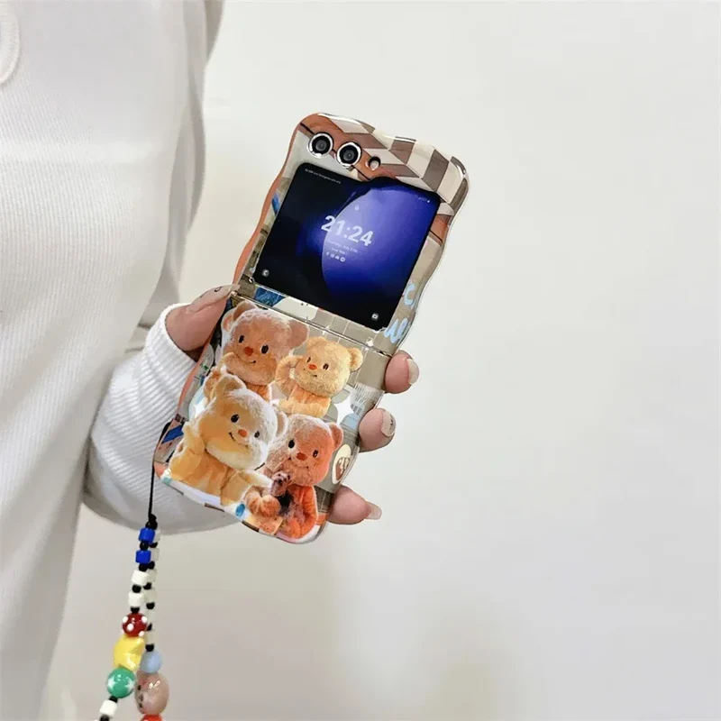 Cartoon Cute Bear Wave Border Phone Case for Samsung Galaxy Z Flip 5 4 3 Zflip5 Flip3 ZFlip4 Star Bracelet Shockproof Lens Cover