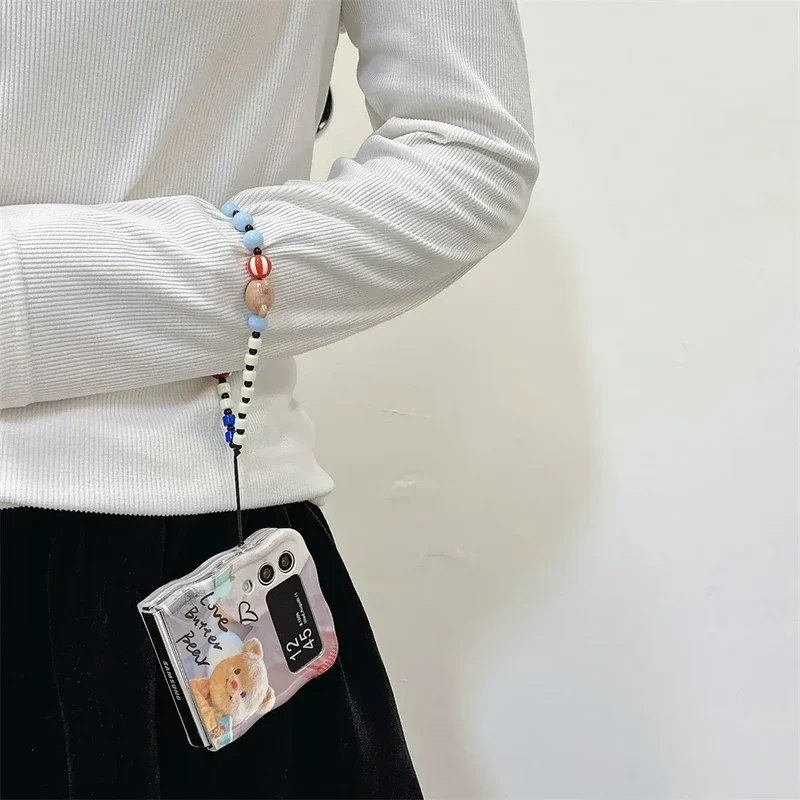 Cartoon Cute Bear Wave Border Phone Case for Samsung Galaxy Z Flip 5 4 3 Zflip5 Flip3 ZFlip4 Star Bracelet Shockproof Lens Cover