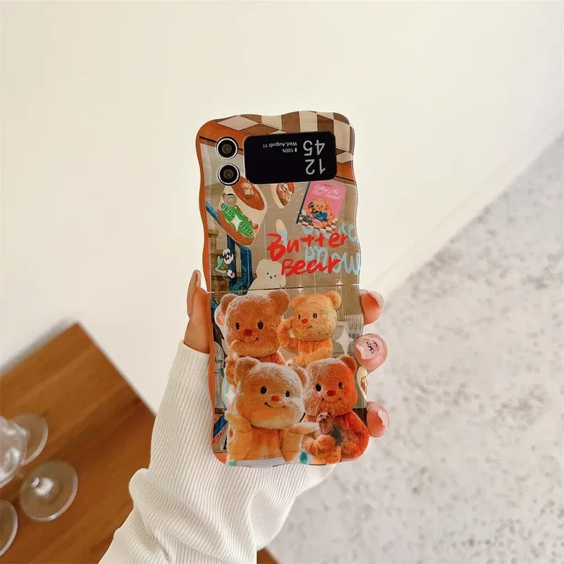 Cartoon Cute Bear Wave Border Phone Case for Samsung Galaxy Z Flip 5 4 3 Zflip5 Flip3 ZFlip4 Star Bracelet Shockproof Lens Cover
