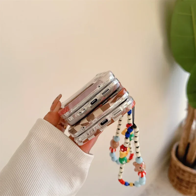 Cartoon Cute Bear Wave Border Phone Case for Samsung Galaxy Z Flip 5 4 3 Zflip5 Flip3 ZFlip4 Star Bracelet Shockproof Lens Cover