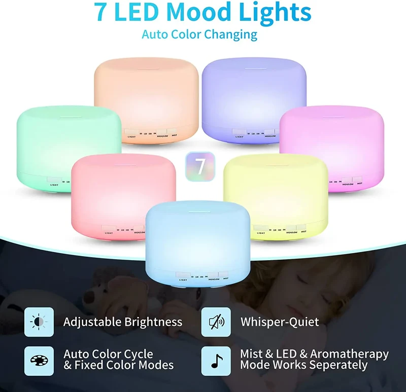 Ultrasonic Cool Mist Humidifier, Aroma Essential Oil Diffuser 7 Color Night Light with Bluetooth Music Speaker, Auto Shut Off