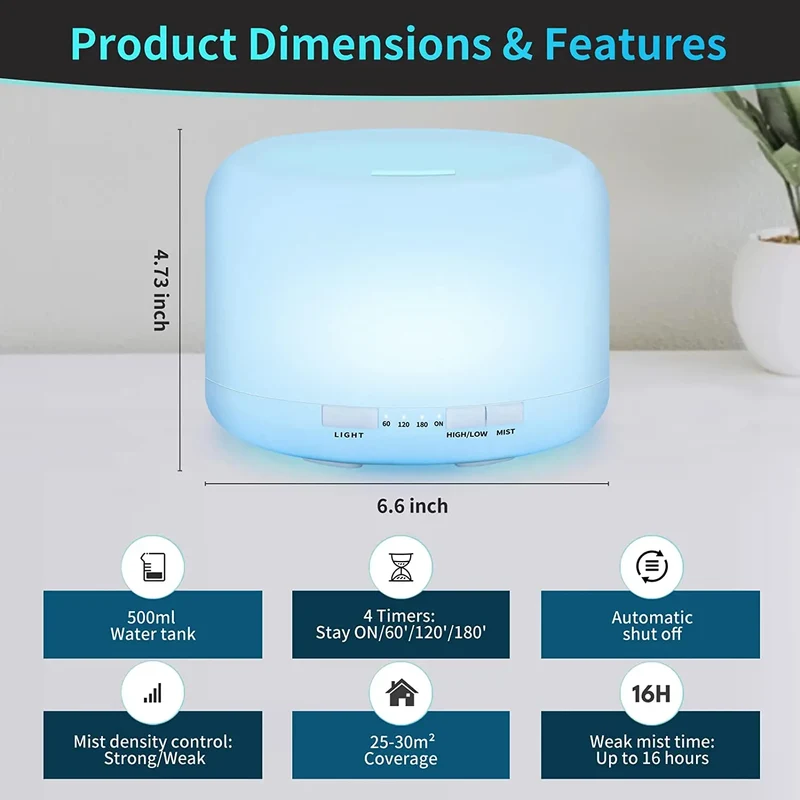 Ultrasonic Cool Mist Humidifier, Aroma Essential Oil Diffuser 7 Color Night Light with Bluetooth Music Speaker, Auto Shut Off