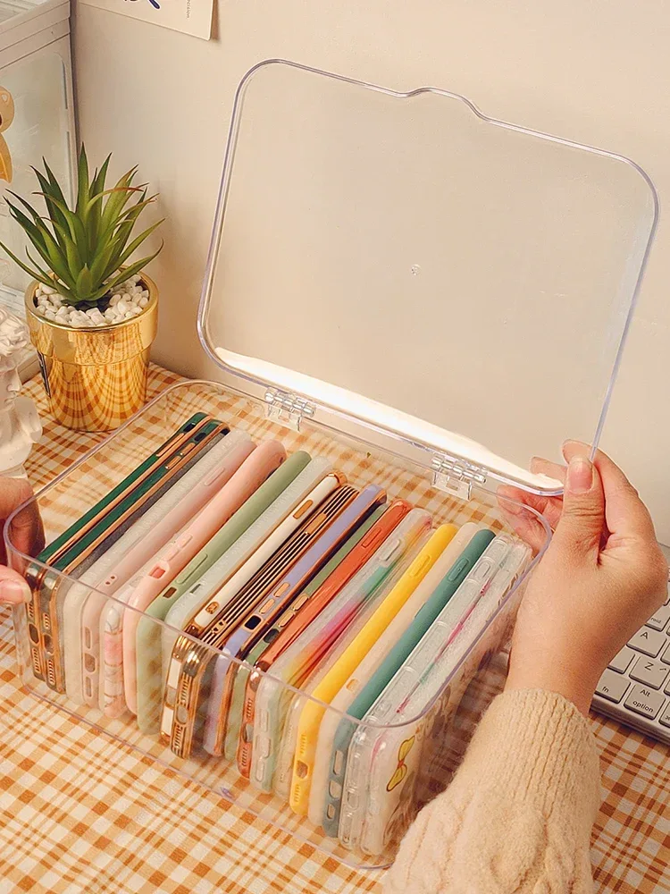 Ins Transparent Phone Case Organizer Storage Box with Cover Home Desktop Acrylic Sundries Storage Basket Phone Case Holder