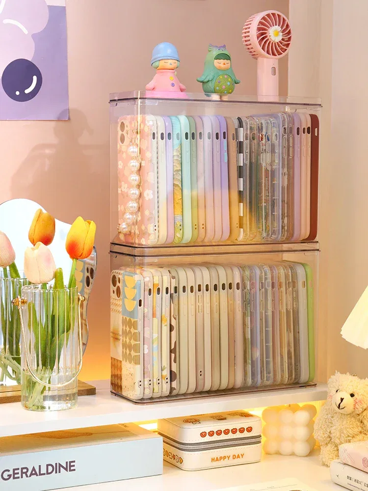 Ins Transparent Phone Case Organizer Storage Box with Cover Home Desktop Acrylic Sundries Storage Basket Phone Case Holder
