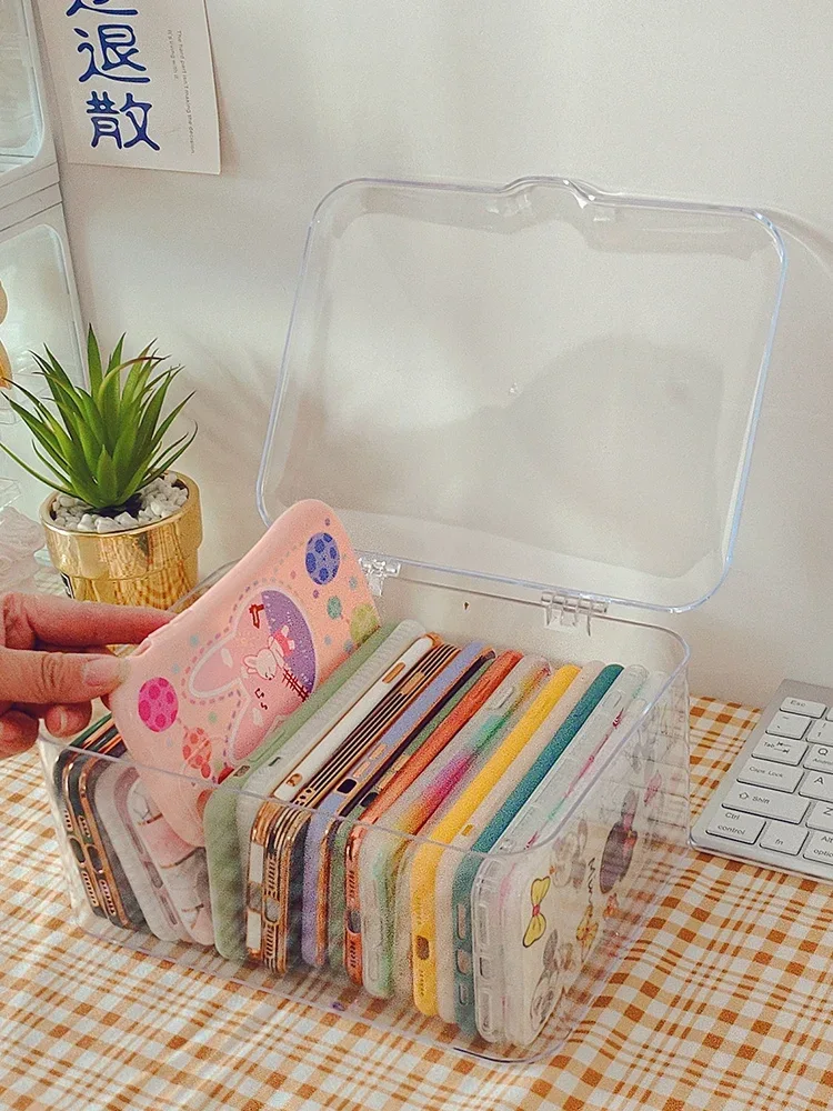 Ins Transparent Phone Case Organizer Storage Box with Cover Home Desktop Acrylic Sundries Storage Basket Phone Case Holder