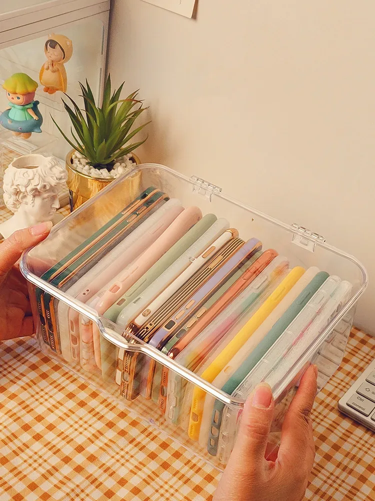 Ins Transparent Phone Case Organizer Storage Box with Cover Home Desktop Acrylic Sundries Storage Basket Phone Case Holder