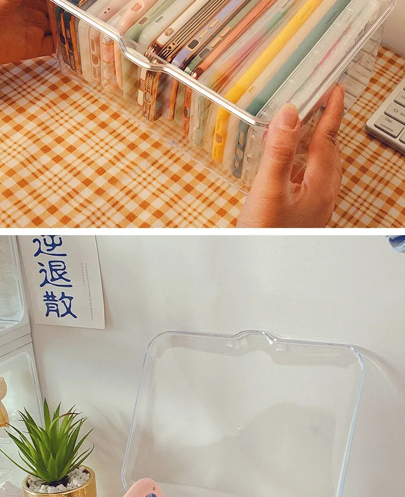 Ins Transparent Phone Case Organizer Storage Box with Cover Home Desktop Acrylic Sundries Storage Basket Phone Case Holder