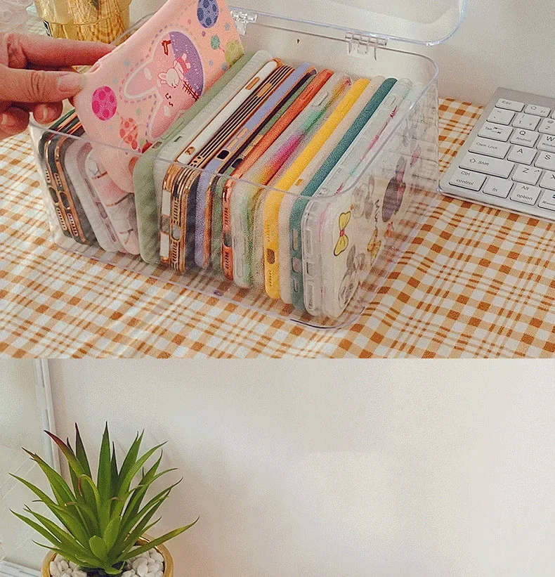 Ins Transparent Phone Case Organizer Storage Box with Cover Home Desktop Acrylic Sundries Storage Basket Phone Case Holder