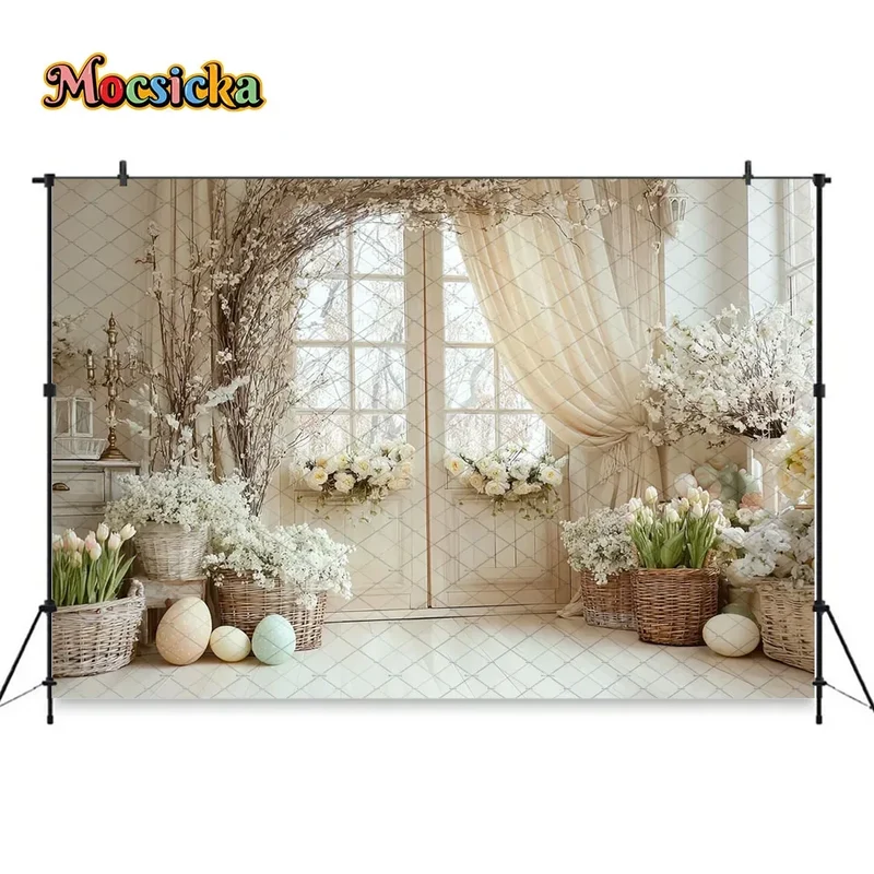 Mocsicka Spring Easter Background Photography White Retro Door Colorful Egg Floral Backdrop Maternity Newborn Photozone Studio