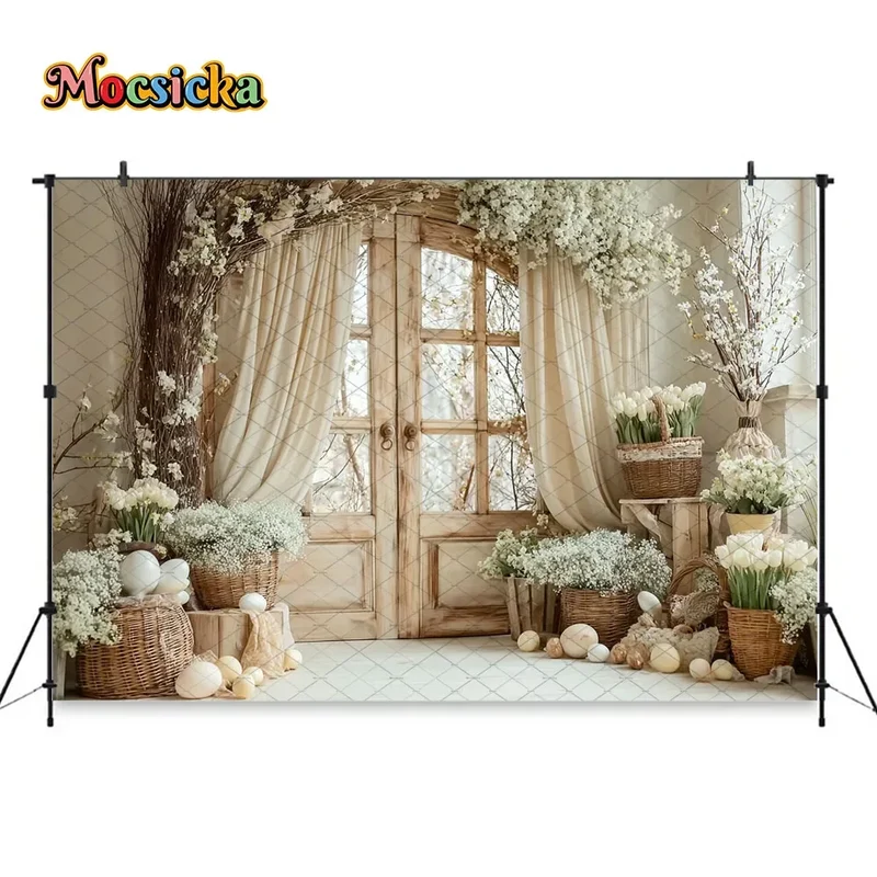 Mocsicka Spring Easter Background Photography White Retro Door Colorful Egg Floral Backdrop Maternity Newborn Photozone Studio