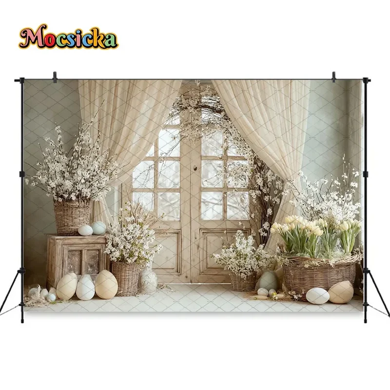 Mocsicka Spring Easter Background Photography White Retro Door Colorful Egg Floral Backdrop Maternity Newborn Photozone Studio