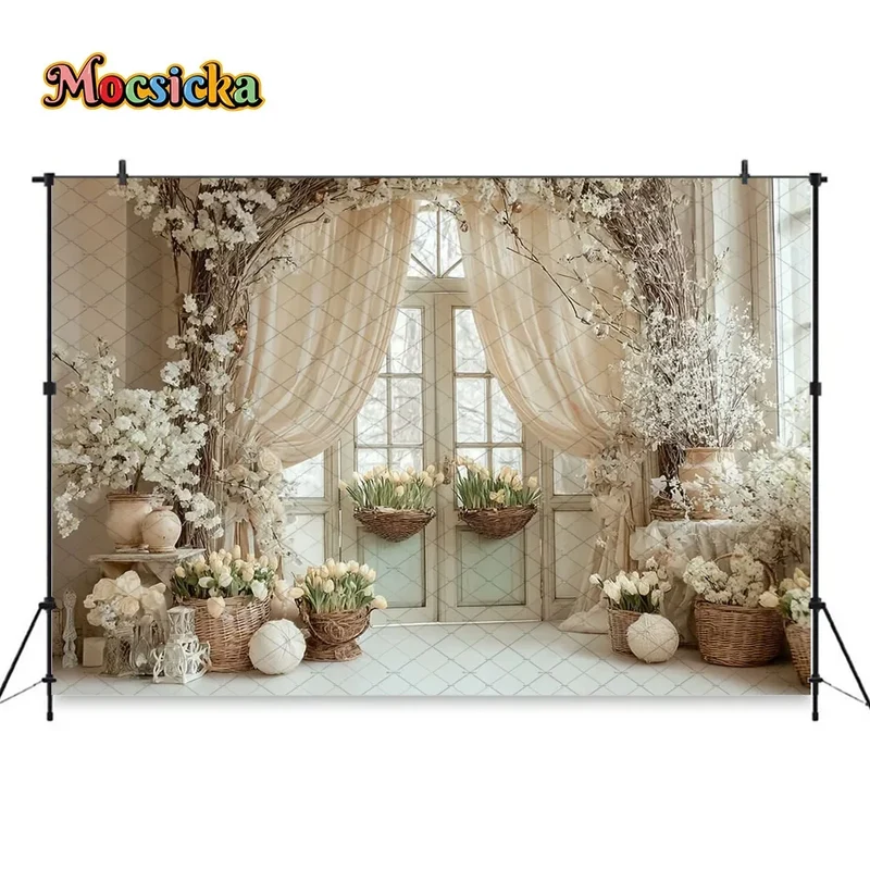 Mocsicka Spring Easter Background Photography White Retro Door Colorful Egg Floral Backdrop Maternity Newborn Photozone Studio