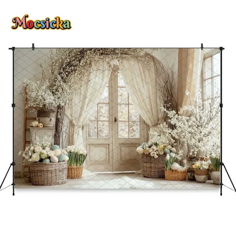 Mocsicka Spring Easter Background Photography White Retro Door Colorful Egg Floral Backdrop Maternity Newborn Photozone Studio