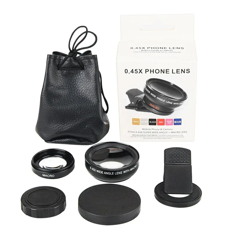 Professional 2 in 1 Lens Universal Clip 37mm Cell Phone Lens 0.45x 49uv Super Wide Angle + Macro HD Lens for All Smartphones