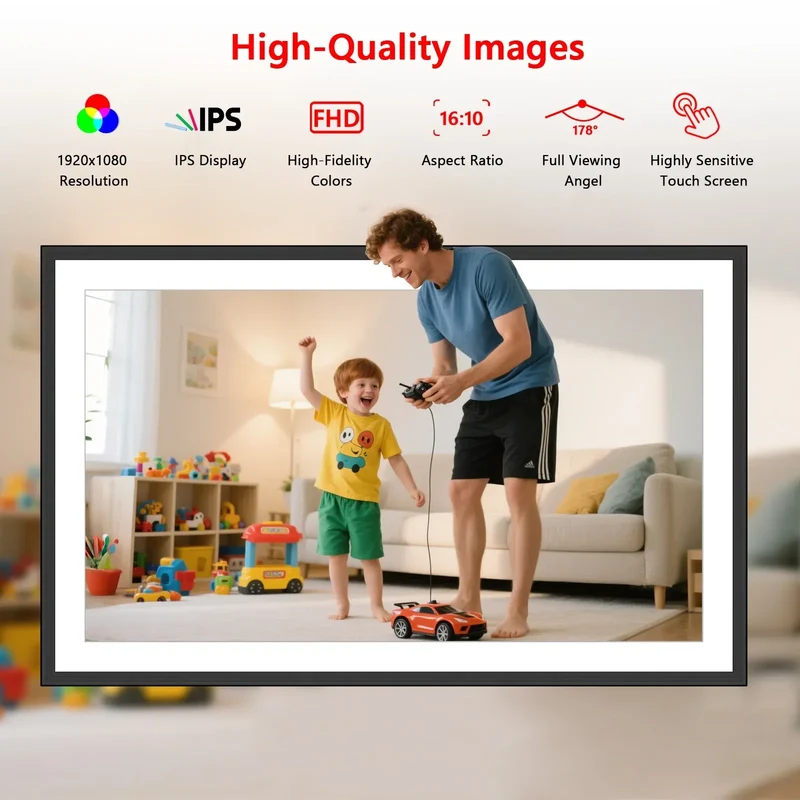 FRAMEO 15.6 Inch 32GB Large Digital Photo Frame, Digital Picture Frame WiFi, IPS HD Touch Screen, Photo Frame with Auto-Rotate