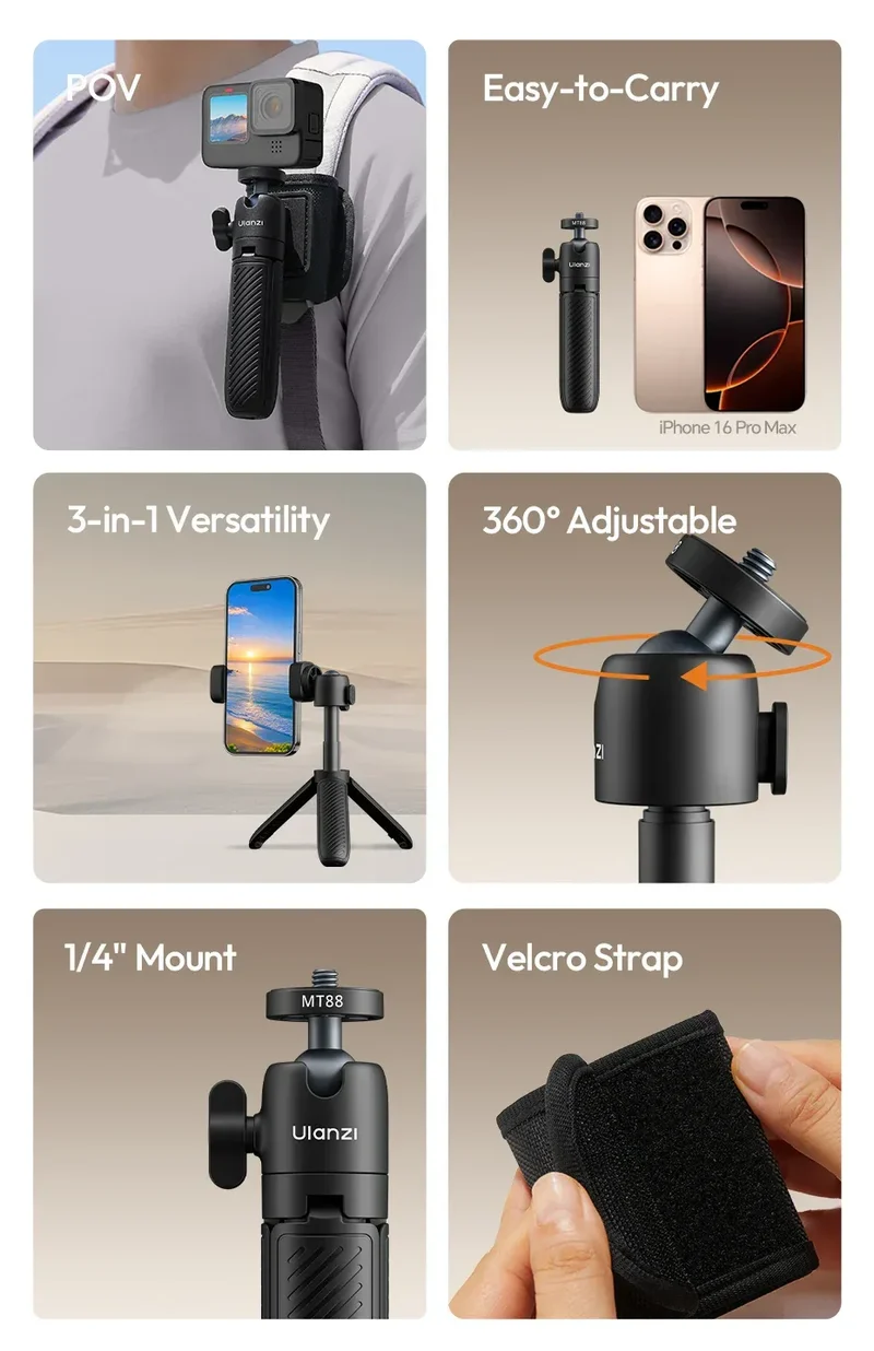 Ulanzi MT88 ClipMate Tripod Backpack Clip Selfie Stick Mode Extendable Tripod Mode Travel Photography Livestreaming Vlog Shots
