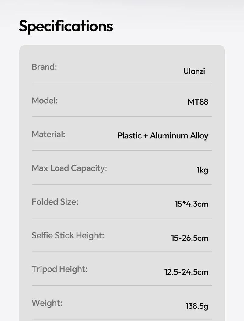 Ulanzi MT88 ClipMate Tripod Backpack Clip Selfie Stick Mode Extendable Tripod Mode Travel Photography Livestreaming Vlog Shots